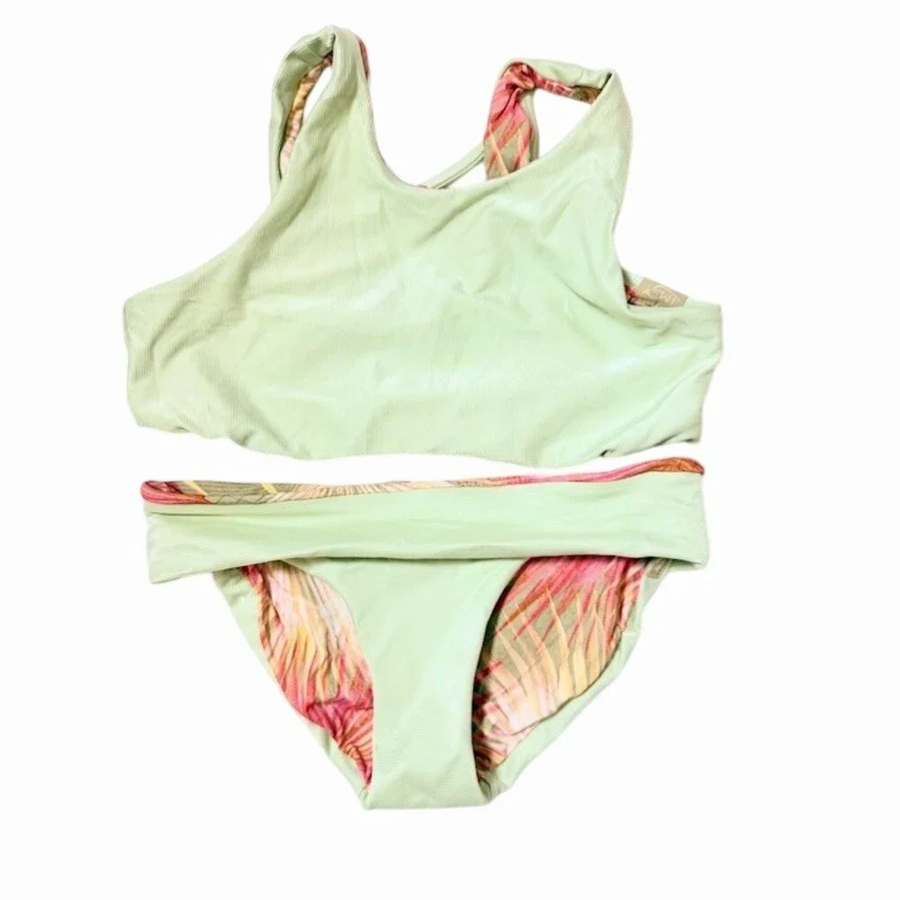 IMSY Girls Reversible Bikini Set 8 | Mint Green & Tropical Palm Print